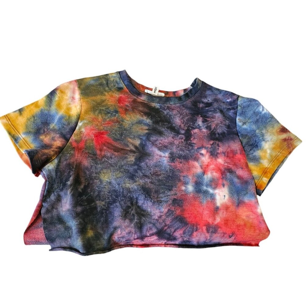 Earthbound Womens M/L Dark Tiedye Crop Top Shirt Soft Boho‎ Purple Red Blue